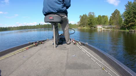 Man-fishing-with-an-artificial-lure-while-sitting-on-a-butt-seat-in-the-front-of-a-bass-boat