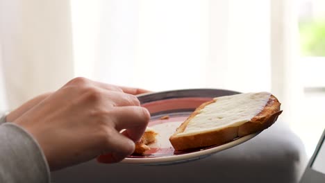 Woman-picking-up-a-plate-with-a-cheese-toast-while-working-from-home