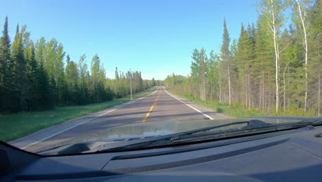 POV-while-driving-on-a-narrow-county-road-in-forested-area-of-northern-Minnesota-in-early-spring