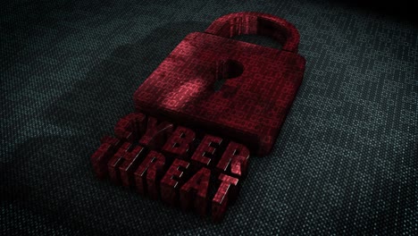 Stylish-and-hyper-realistic-3D-CGI-render-of-a-stylised-system-security-padlock-on-a-hitech-surface-overlaid-with-animated-binary-code-with-the-message-Cyber-Threat-in-metallic-red