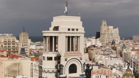 Torre-Emblemática-De-Madrid-Con-Paisaje-Urbano-Alrededor,-Vista-Aérea-De-La-órbita