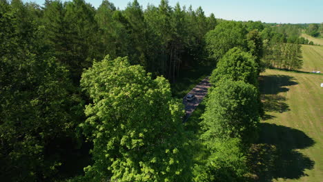 Flug-über-Eine-Landstraße-Neben-Einer-Grünen-Wiese-Und-Einem-Waldbaumpark,-Wald-Und-Landschaft-Einer-Ländlichen-Gegend-In-Polen-An-Einem-Schönen-Sommertag