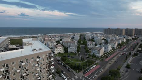 An-aerial-view-over-a-strip-mall-roof-in-Arverne,-NY