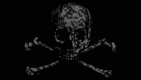 Alarming-animated-cyber-hacking-skull-and-cross-bones-symbol-with-animated-binary-code-texture-in-white-color-scheme-on-a-black-background