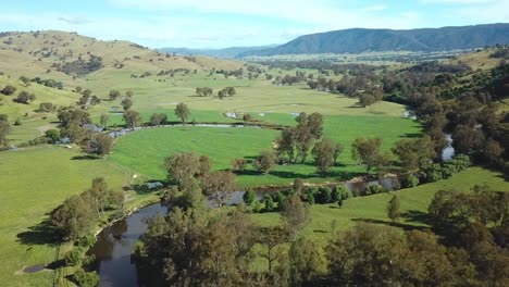 Drone-view-looking-upstream-along-the-meanering-Mitta-Mitta-River-at-Pigs-Point-near-Tallangatta-South,-in-north-east-Victoria,-Australia