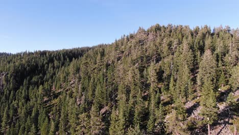 Drohnen-Ariel-Aufnahme-Eines-Viertels-Im-Wald-Von-Lake-Tahoe-Oberhalb-Von-Nevada-Und-Kalifornien,-Das-Die-Bergkette-Der-Sierra-Nevada-Und-Das-Wasser-Bei-Sonnenuntergang-Zeigt