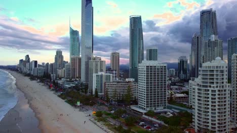 High-Rise-Cityscape-In-Surfers-Paradise,-Gold-Coast,-Queensland,-Australia---aerial-drone-shot