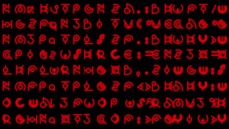 Animierte-Grafiken-Mit-Zeilen-Aus-Hieroglyphen-Im-Alien-Stil-Und-Geschriebenem-Text,-Der-Sich-In-Zufälligen-Sequenzen-In-Mittelgroßer-Roter-Schrift-Schnell-ändert-–-Ideal-Für-Bildschirmersatzinhalte