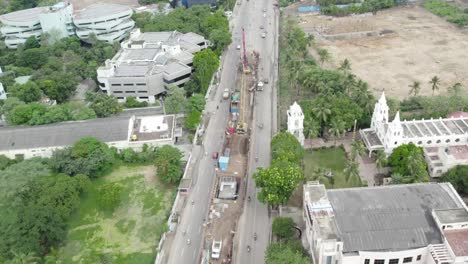 Aerial-view-of-Chennai-Metro-Rail-Construction-in-Mount-Poonamallee-Road-Kristhu-Jyothi-Church