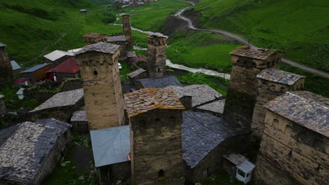 Old-Village-Of-Ushguli-On-Enguri-River-With-View-Of-Svan-Towers-On-A-Rainy-Day-In-Svaneti,-Georgia