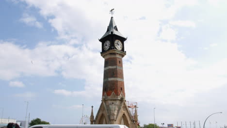 Clock-tower-in-Skegness-centre-at-a-British-seaside-holiday-town