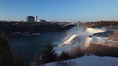 Niagara-Falls-And-Rainbow-International-Bridge-Across-The-Niagara-River-Gorge-In-Ontario,-Canada
