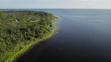 Wide-aerial-shot-of-natural-dense-forest-along-the-edge-of-a-bay-heading-out-into-the-Gulf-of-Mexico