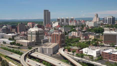 Albany,-New-York-skyline-with-drone-video-moving-down
