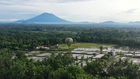 hot-air-balloon-rising-over-rice-fields-in-Ubud-Bali-at-sunrise,-aerial