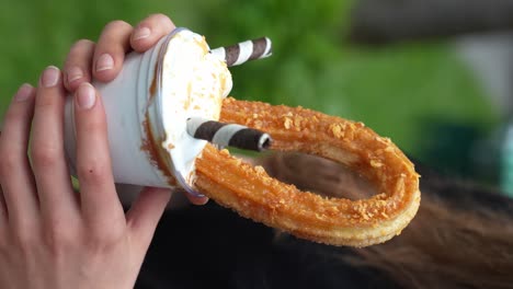 Churro-with-an-ice-cream-in-hands-of-woman,-close-up,-vertical-shot