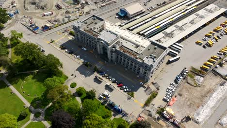 Aerial-View-Of-Pacific-Central-Station,-Intercity-Bus-And-Railway-Station-In-Vancouver,-British-Columbia,-Canada
