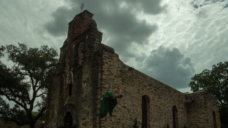 Mission-Espada-in-San-Antonio-Texas-Timelapse-slide-and-pan-up-on-rolling-clouds