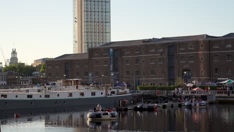 London-England-Canary-Wharf-Aug-2022-view-of-West-India-Quay-during-a-warm-summer-evening