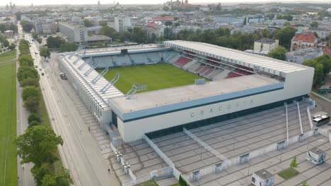 Orbiting-Aerial-Shot-Above-Marshal-Jozef-Pilsudski-Stadium,-Cracovia-Football-Club