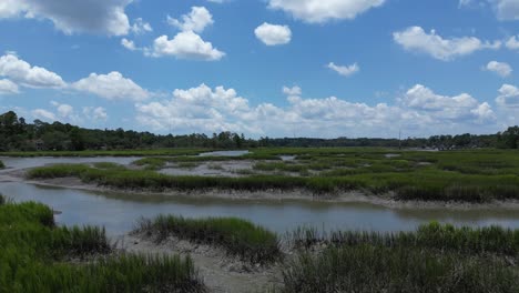 Flying-over-the-bank-of-a-wetland-area-are-low-tide-on-a-sunny,-summer-day-in-South-Carolina
