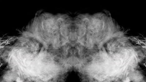 Close-up-of-mirrored-smoke-as-it-billows-out-of-the-center-of-the-frame,-creating-unique-shapes-as-it-moves