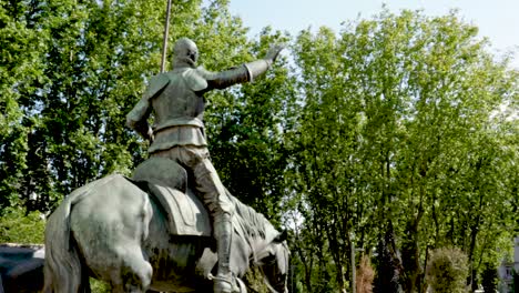 Rear-view-of-Don-Quixote-and-Sancho-panza-bronze-sculptures-in-a-sunny-day-in-Plaza-EspaÃ±a,-Madrid