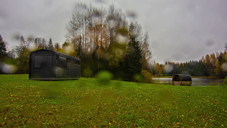 Raining-at-a-trailer-camping-site-on-an-autumn-day---time-lapse