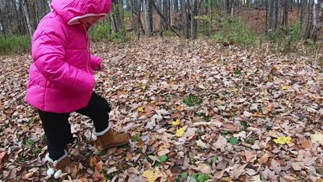 Little-girl-in-pink-hooded-jacket-starting-to-run-through-the-leaves-on-fall-day-SLOW-MOTION