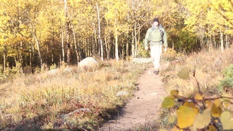 Backpacker-walking-towards-the-camera-with-fall-aspen-leaves-in-the-background