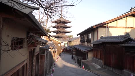 Reveal-to-the-right-of-a-popular-wooden-pagoda-in-Kyoto-early-morning-with-no-people-around