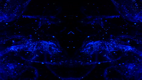 Abstrakte-Bunte-Blaue-Tintentropfen-Biolumineszenzpartikel,-Beleuchtet-Und-Fließend-In-Flüssigem-Wasser-Auf-Dunkelschwarzem-Science-Fiction-Hintergrundschleifen