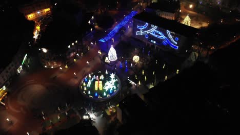 Drone-View-of-Christmas-Lights-in-Varna-City,-Bulgaria