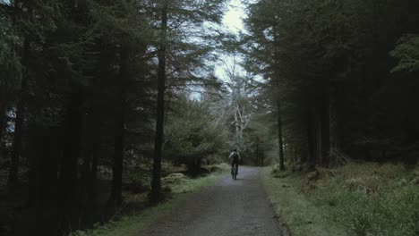 Young-man-cycles-away-from-camera-within-forest-on-pathway-wearing-a-backpack