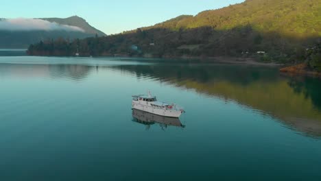 SLOWMO---Morning-aerial-flying-around-cruise-boat-anchored-in-bay-in-Marlborough-Sounds,-New-Zealand