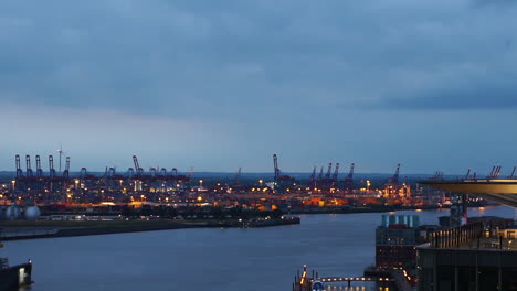HAMBURG,-GERMANY:-Timelpase-View-of-Hamburg-harbour-in-the-late-afternoon-shot-from-a-observation-platform-at-landungsbruecken
