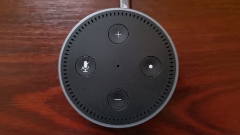 Close-up-video-of-a-girl-pressing-the-unmute-button-on-the-Alexa-Echo-Dot-Amazon-device