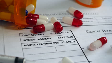 Cancer-treatment-drug-pills-on-a-prop-medical-health-insurance-form-showing-high-patient-costs