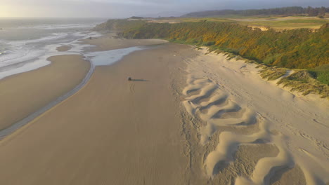 Drone-following-a-car-going-full-speed-on-an-Oregon-beach