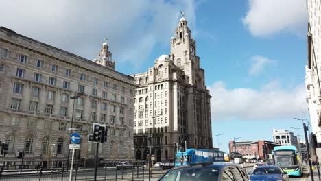 Slow-motion-street-view-downtown-tracking-the-Royal-Liverpool-Liver-building-with-traffic-below