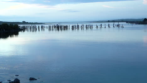 Old-wooden-pilings-remain-in-the-Coquille-River-in-Bandon,-Oregon,-United-States