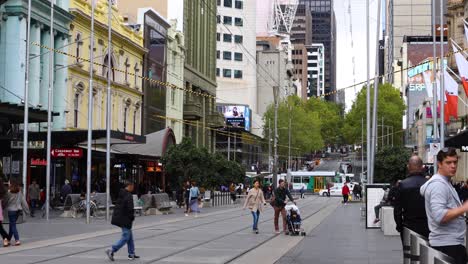 Wide-shot-of-Bourke-Street,-Melbourne-with-tram-lines-in-foreground