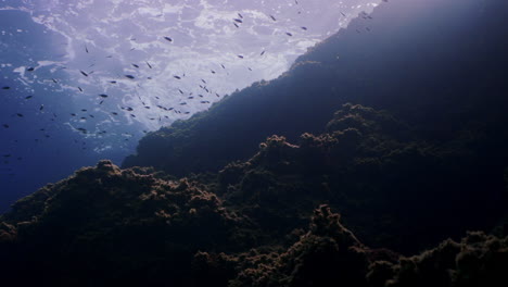 Unterwasseraufnahme-Einer-Unterwasserklippe-Und-Wellen,-Die-Auf-Felsen-Im-Mittelmeer-Brechen