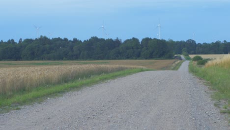 Wind-turbine-farm-producing-renewable-energy-for-green-ecological-world-at-beautiful-sunset,-ripe-golden-wheat-field-and-gravel-road-in-the-foreground,-wide-shot