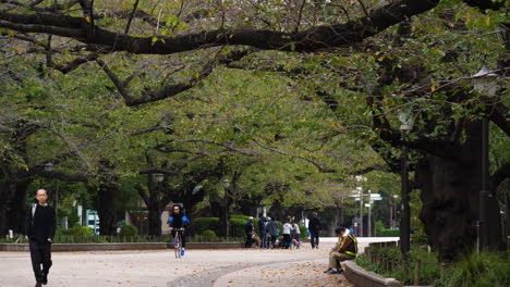 Cámara-Lenta-De-Japoneses-Caminando,-Andando-En-Bicicleta-Y-Relajándose-En-El-Parque-Ueno,-Tokio