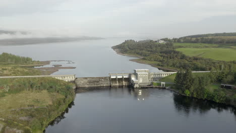 An-aerial-view-of-Lairg-dam-on-a-misty-morning