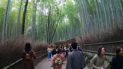Japanische-Touristen-Fotografieren-Im-Berühmten-Arashiyama-Bambuswald