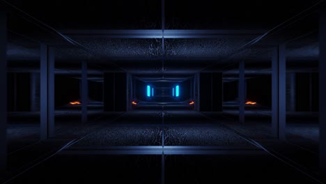 Amplio-Corredor-De-Túnel-De-Movimiento-Negro-Geométrico-Con-Reflejos-De-Luz-Azul-Bucle-3d