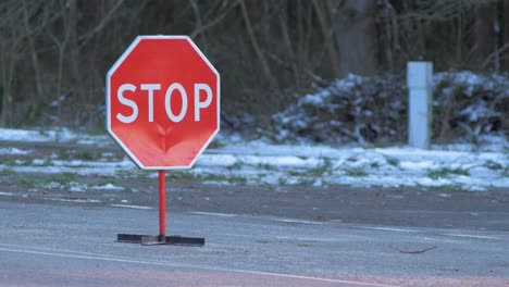 Stop-sign-placed-on-a-road-at-the-Lithuania---Latvia-border-during-crisis-measures-in-the-fight-against-the-novel-coronavirus-Covid-19,-medium-shot