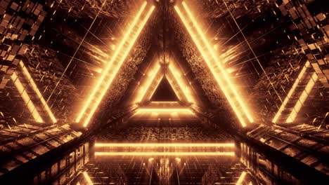 Triángulo-Espacial-Iluminado-Dorado-Brillante,-Movimiento-Hacia-Adelante,-Bucle-3d